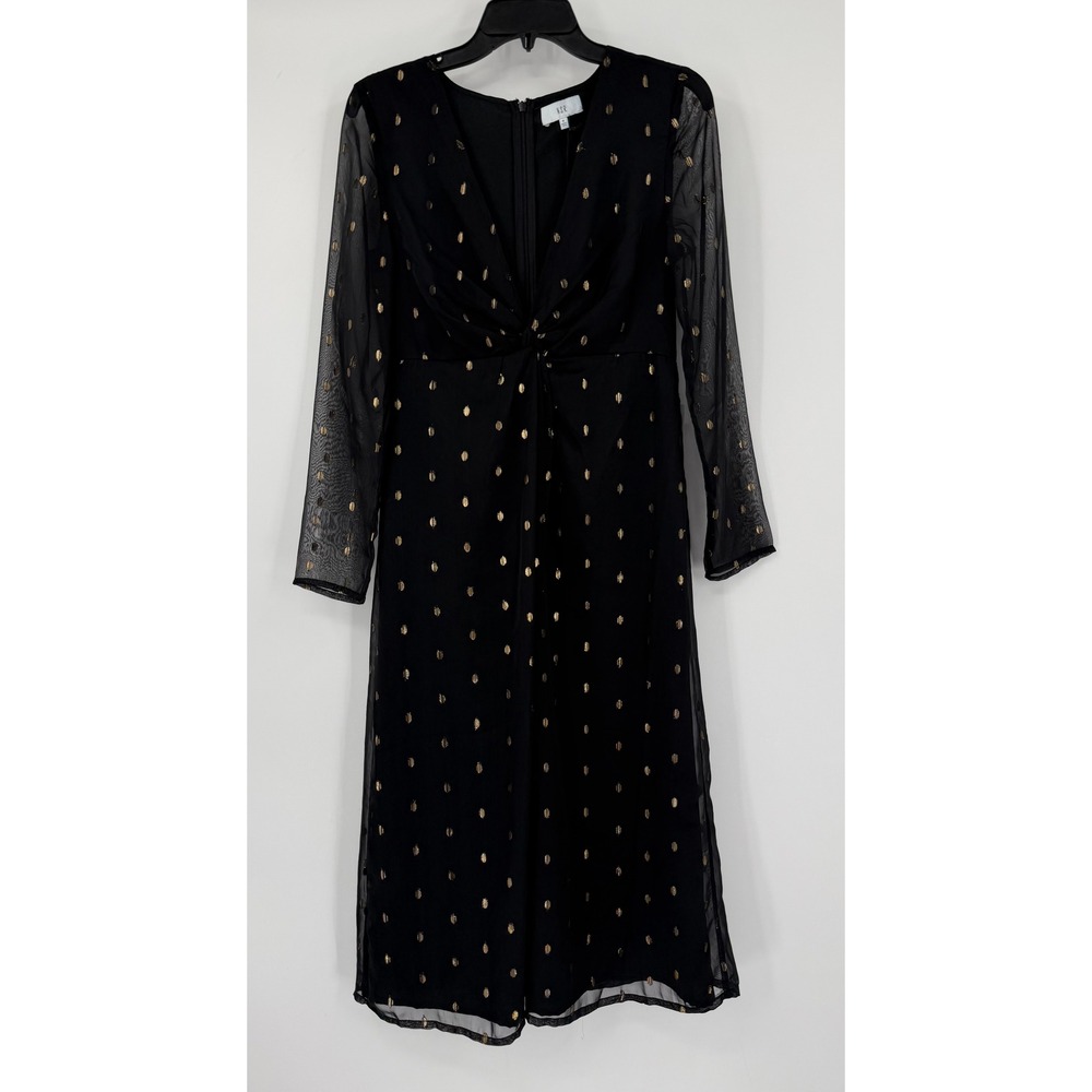 NSR Napean Sea Rd Womens Black Gold Metallic Clip Dot Twist Front Midi Dress S